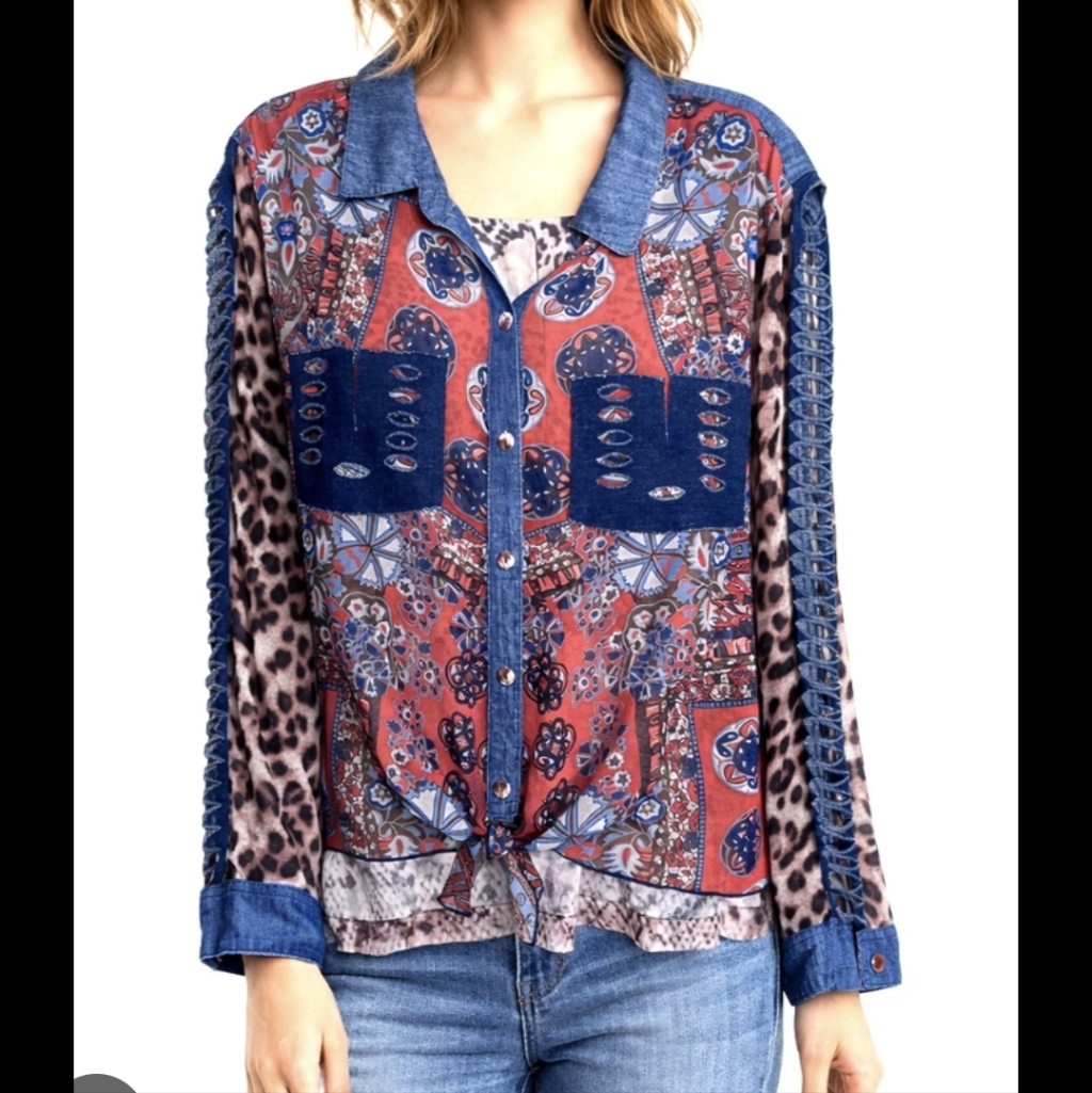 John Mark Blouse Top Sheer Mixed Fabric Tie Front Animal Print Distressed Large